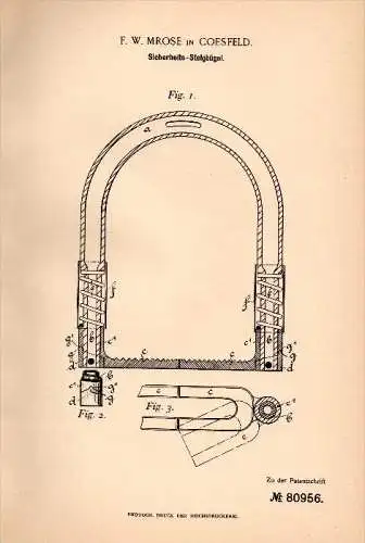 Original Patentschrift - F.W. Mrose in Coesfeld , 1894 , Sicherheits - Steigbügel , Pferd , Pferde !!!