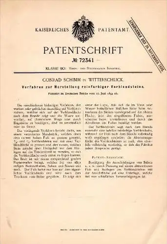 Original Patentschrift - Conrad Schimm in Witterschlick b. Alfter , 1893 , reinfarbige Verblendsteine , Ziegel , Maurer