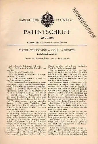 Original Patentschrift - V. Szulczewski in Gola b. Gostyn / Gostingen , 1893 , Kartoffel - Erntemaschine , Agrar !!!