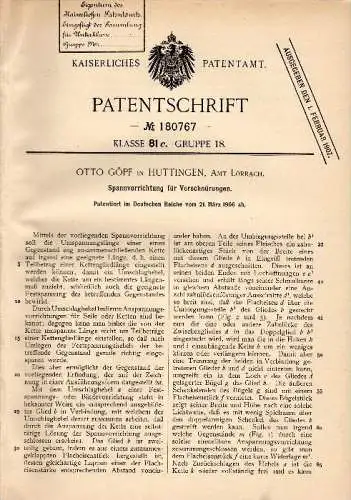 Original Patentschrift - Otto Göpf in Huttingen b. Lörrach , 1906 , Spannapparat für Verschnürungen !!!