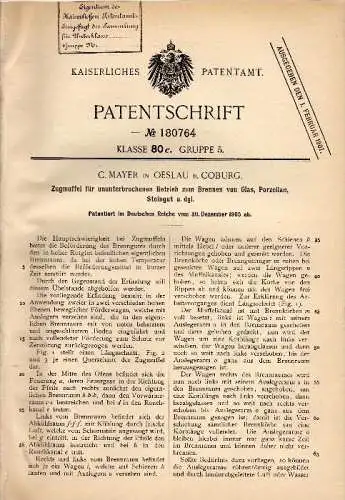 Original Patentschrift - C. Mayer in Oeslau / Rödental b. Coburg , 1905 , Zugmuffel für Porzellan und Glas !!!