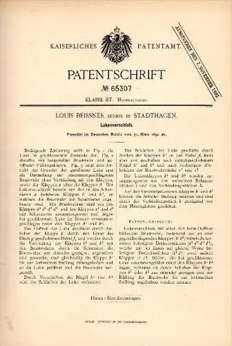 Original Patentschrift - Louis Beissner in Stadthagen b. Schaumburg , 1892 , Lukenverschluß , Hochbau , Bau !!!