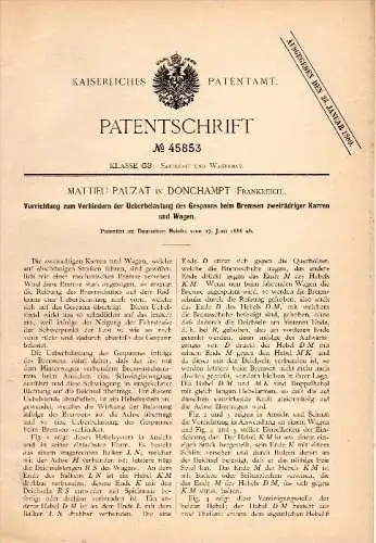 Original Patentschrift - M. Pauzat dans Donchampt , 1888 , Appareil contre la surcharge de voiture , Courcy aux Loges !!