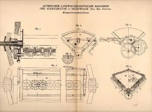 Original Patentschrift - Maschinen und Ackergeräthefabrik in Regenwalde / Resko , 1888 , Düngerstreumaschine !!!