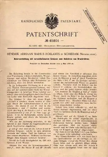 Original Patentschrift - H.A. Roelants in Schiedam , 1888 , Bohrapparat für Druckrohre , Wasserleitung !!!