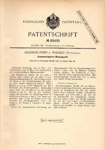 Original Patentschrift - Heinrich Eiben in Wiarden / Wangerland , 1891 , Gestell für Blumen , Floristik , Flora !!!