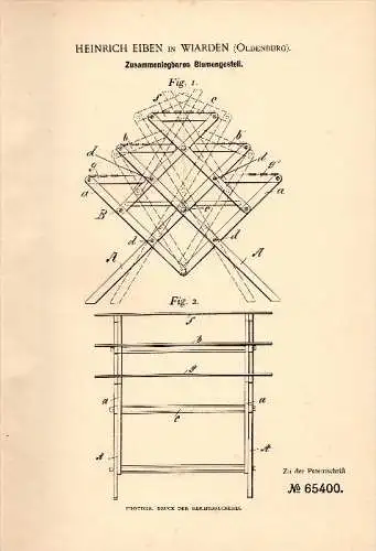 Original Patentschrift - Heinrich Eiben in Wiarden / Wangerland , 1891 , Gestell für Blumen , Floristik , Flora !!!