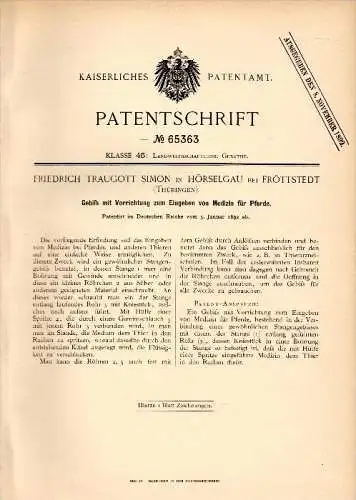 Original Patentschrift - F. Traugott Simon in Hörselgau bei Fröttstedt , 1892 , Medizin - Apparat für Pferde , Hörsel !!