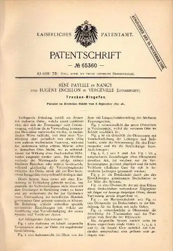 Original Patentschrift -E. Engillon dans Vergeville / Lignéville ,1891, Étuve , four , Vittel ,R. Payelle dans Nancy !!!