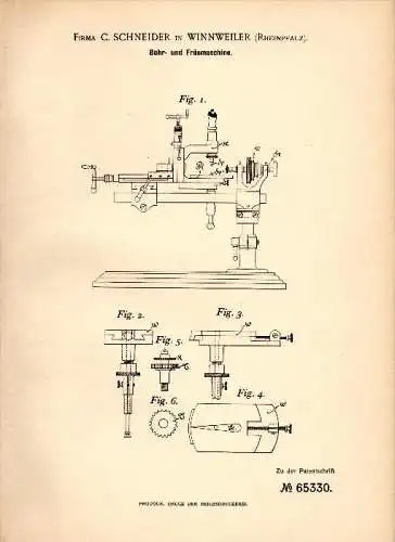 Original Patentschrift - C. Schneider in Winnweiler , Rheinpfalz , 1891 , Bohr- und Fräsmaschine , Metallbau !!!