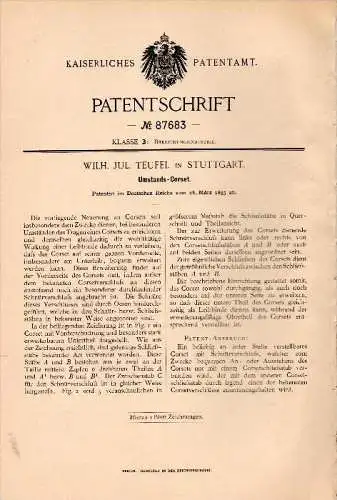 Original Patentschrift - W.J. Teufel in Stuttgart , 1895 , Umstands - Corset , Korsett , Corsetto !!!