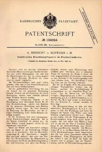 Original Patentschrift - A. Herricht in Schwerin i. Mecklenburg , 1898 , Elektrische Druckknopfsperre , Eisenbahn !!!