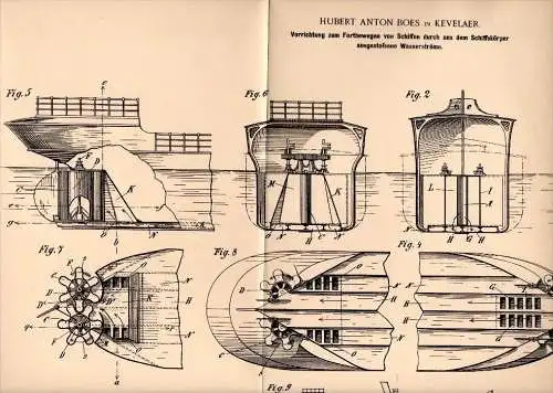 Original Patentschrift - Hubert Anton Boes in Kevelaer , 1898 , Wasserstromausstoß zur Schiff - Fortbewegung , Schiffbau