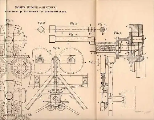 Original Patentschrift - Moritz Seidner in Berzowa / Berzawa , 1898 , Seilklemme für Drahtseilbahnen , Seilbahn !!!