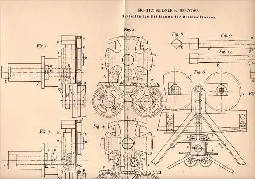 Original Patentschrift - Moritz Seidner in Berzowa / Berzawa , 1898 , Seilklemme für Drahtseilbahnen , Seilbahn !!!