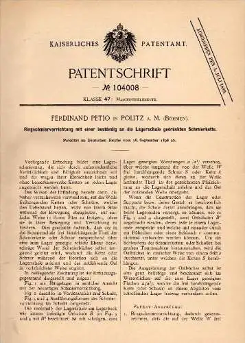 Original Patentschrift - Ferdinand Petio in Politz a.M. / Police nad Metují , 1898 , Schmiervorrichtung , Maschinenbau