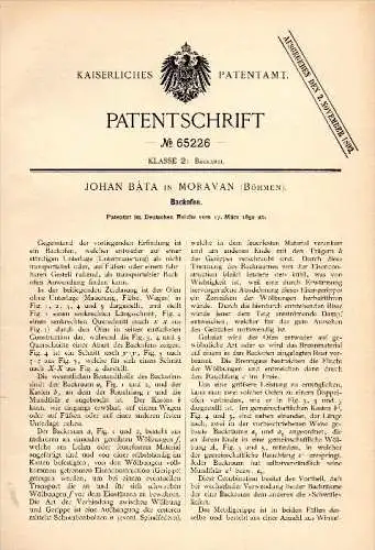 Original Patentschrift - Johan Báta in Moravan / Moravany nad Váhom , 1892 , Backofen , Bäckerei , Bäcker , Böhmen !!!