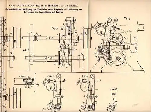 Original Patentschrift - Carl Gustav Schattauer in Einsiedel b. Chemnitz , 1891 , Cotton - Wirkstuhl , Strickerei !!!