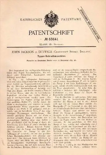 Original Patentschrift - John Jackson in Dulwich / London , 1891 , Typewriter, printing !!!