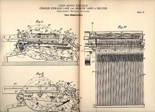 Original Patentschrift - J. Kerridge and A. Lane in Beccles , Suffolk , 1891 , Machine for printing !!!