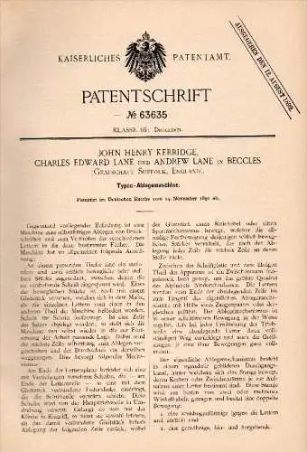 Original Patentschrift - J. Kerridge and A. Lane in Beccles , Suffolk , 1891 , Machine for printing !!!