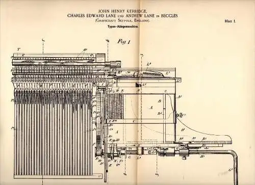 Original Patentschrift - J. Kerridge and A. Lane in Beccles , Suffolk , 1891 , Machine for printing !!!