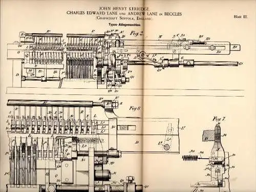 Original Patentschrift - J. Kerridge and A. Lane in Beccles , Suffolk , 1891 , Machine for printing !!!