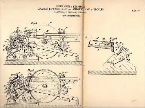 Original Patentschrift - J. Kerridge and A. Lane in Beccles , Suffolk , 1891 , Machine for printing !!!