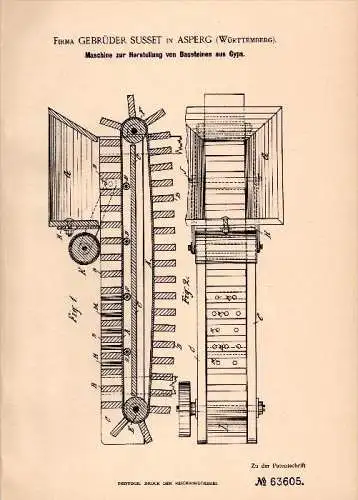 Original Patentschrift - Gebrüder Susset in Asperg , Württemberg , 1891 , Herstellung von Bausteinen aus Gips !!!