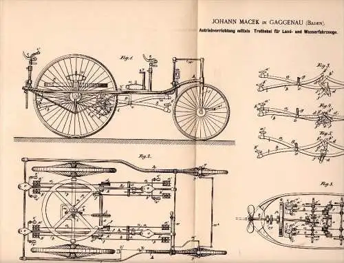 Original Patentschrift - Johann Macek in Gaggenau , 1892 , Antrieb für Fahrrad und Boot , Dreirad , bicycle !!!