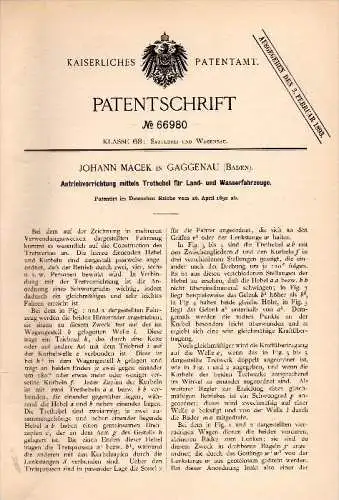 Original Patentschrift - Johann Macek in Gaggenau , 1892 , Antrieb für Fahrrad und Boot , Dreirad , bicycle !!!