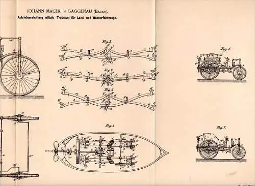 Original Patentschrift - Johann Macek in Gaggenau , 1892 , Antrieb für Fahrrad und Boot , Dreirad , bicycle !!!