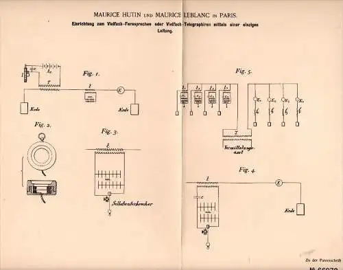 Original Patentschrift - M. Hutin und M. Leblanc in Paris , 1891 , Telegraphie mit einer einzigen Leitung , telegraphy