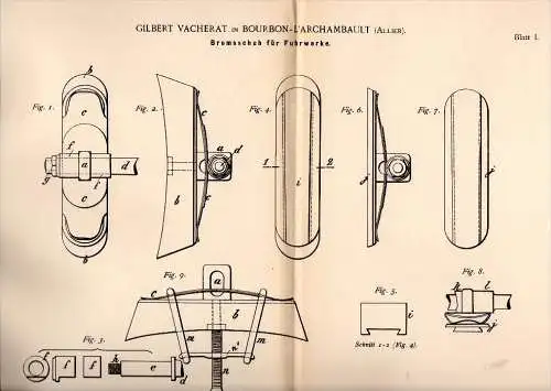 Original Patentschrift - G. Vacherat dans Bourbon l’ Archambault , Allier , 1890 , Frein pour wagon , voiture , taxi !!!