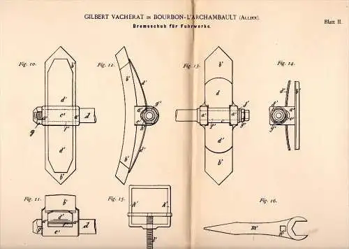 Original Patentschrift - G. Vacherat dans Bourbon l’ Archambault , Allier , 1890 , Frein pour wagon , voiture , taxi !!!