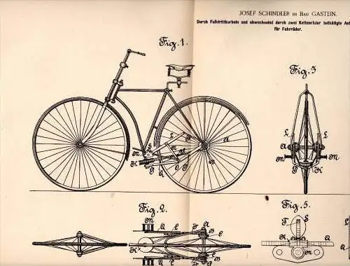 Original Patentschrift - Josef Schindler in Bad Gastein , 1890 , Antrieb für Fahrrad , Fahrräder , Bicycle !!!