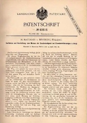 Original Patentschrift - H. Matthaei in Bernburg / Waldau , 1891 , Eisenbahn - Geschwindigkeitsmesser !!!