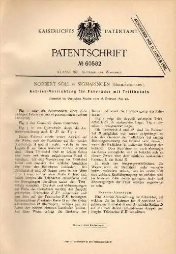 Original Patentschrift - Norbert Söll in Sigmaringen , Hohenzollern , 1891 , Antrieb für Fahrrad , Dreirad , Bicycle !!