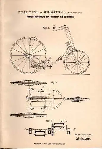 Original Patentschrift - Norbert Söll in Sigmaringen , Hohenzollern , 1891 , Antrieb für Fahrrad , Dreirad , Bicycle !!