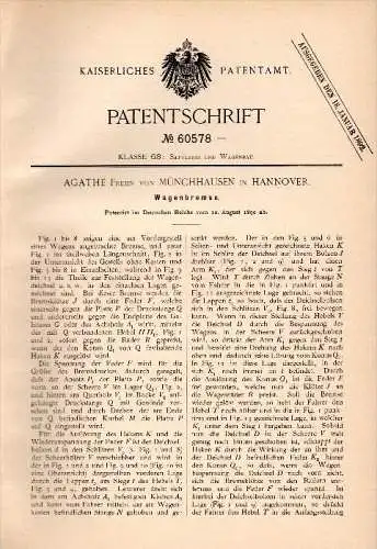 Original Patentschrift - Agathe Freiin von Münchhausen in Hannover , 1890 , Wagenbremse , Fuhrwerk , Kutsche !!!