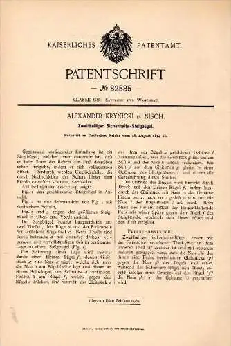 Original Patentschrift - Alexander Krynicki in Nisch / Niš , 1894 , Sicherheits - Steigbügel , Reitunfall , Pferde !!!