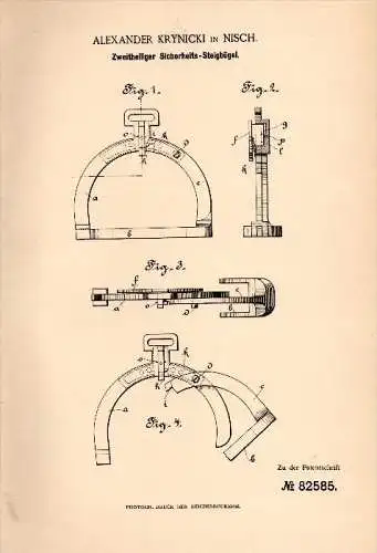 Original Patentschrift - Alexander Krynicki in Nisch / Niš , 1894 , Sicherheits - Steigbügel , Reitunfall , Pferde !!!