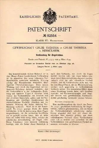 Original Patentschrift - Gewerkschaft Grube Theresia b. Hermülheim / Hürth , 1894, Verblendung für Ziegel - Rohbau , Bau