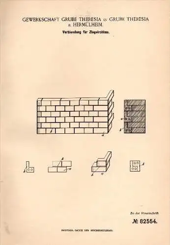 Original Patentschrift - Gewerkschaft Grube Theresia b. Hermülheim / Hürth , 1894, Verblendung für Ziegel - Rohbau , Bau