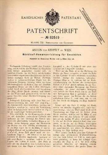 Original Patentschrift - Anton von Kerpely in Wien , 1895 , Geschütz - Rücklaufhemmung , Kanone !!!