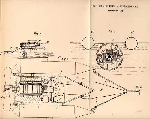 Original Patentschrift - Wilhelm Küpper in Wangerooge , 1895 , elektrisches Log , Schiffbau , Wangeroog !!!