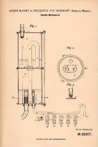 Original Patentschrift - A. Basset dans Pecqueux par Mormant , 1894 , Appareil de mesure pour l' alcool !!!