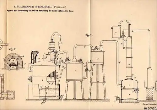 Original Patentschrift -F.W. Lefelmann in Berleburg , Westf., 1891, Apparat zur Gas - Verwertung bei Verkohlung von Holz