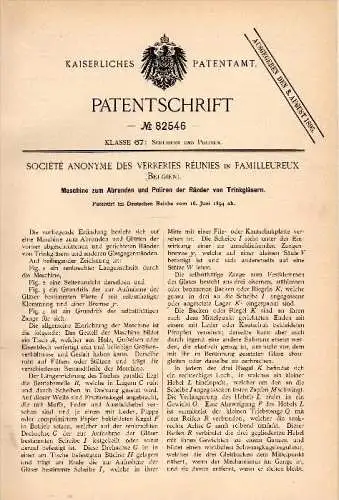 Original Patentschrift - Société Anonyme de Verreries Réunies in Familleureux , 1894 , Maschine für Gläser , Glas !!!