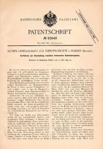 Original Patentschrift - AG für Teerprodukte in Haeren / Haren , 1891 , Hertsellung von rauchlosen Brikett , Kohle !!!